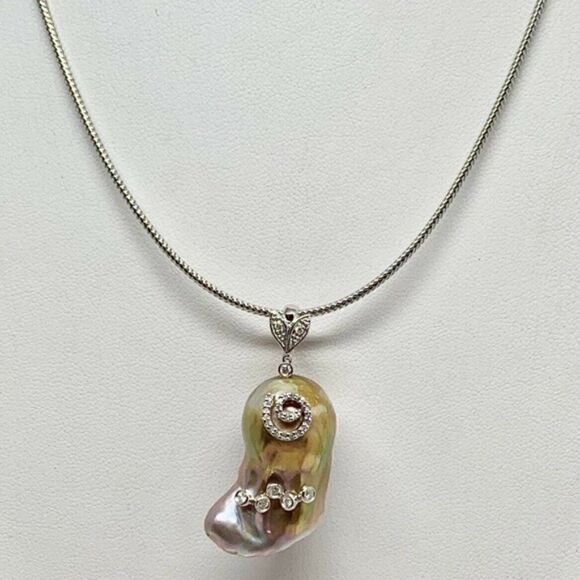 Diamond Fresh Water Pearl Necklace Baroque 14k Gold Italy Certified $3950 914368 - Picture 7 of 8